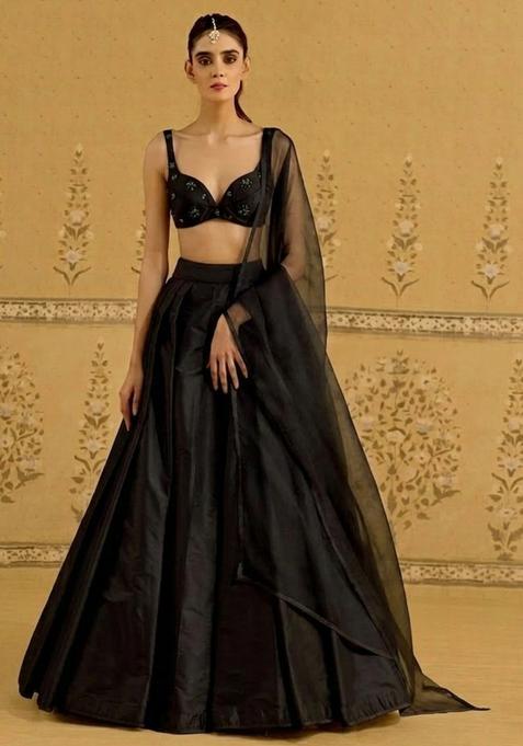 Black Silk Blend Handwork Lehenga Set