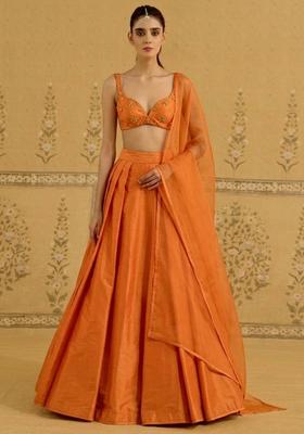 Orange Silk Blend Handwork Lehenga Set