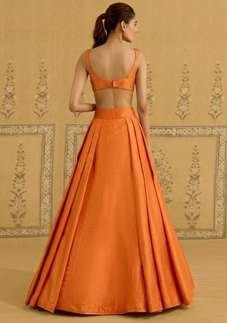 Orange Silk Blend Handwork Lehenga Set - Indya