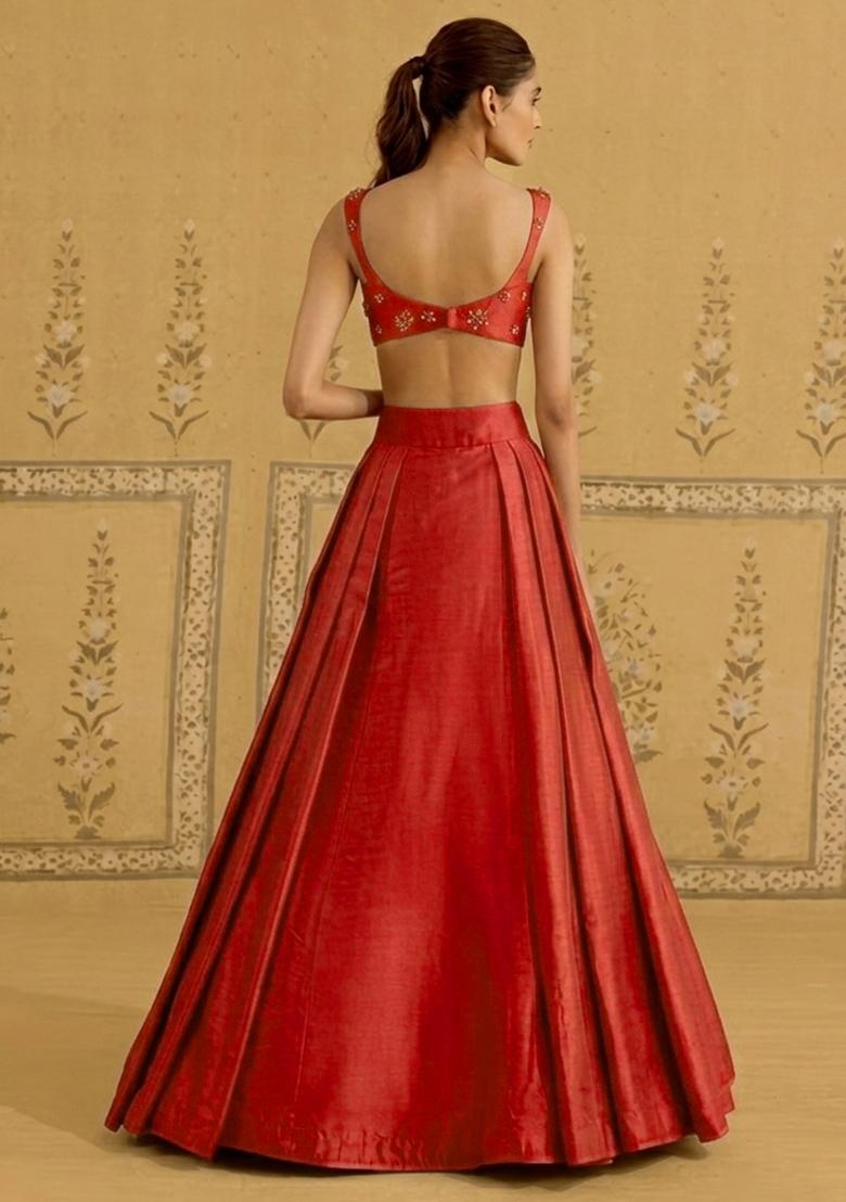 Red Silk Blend Handwork Lehenga Set - Indya