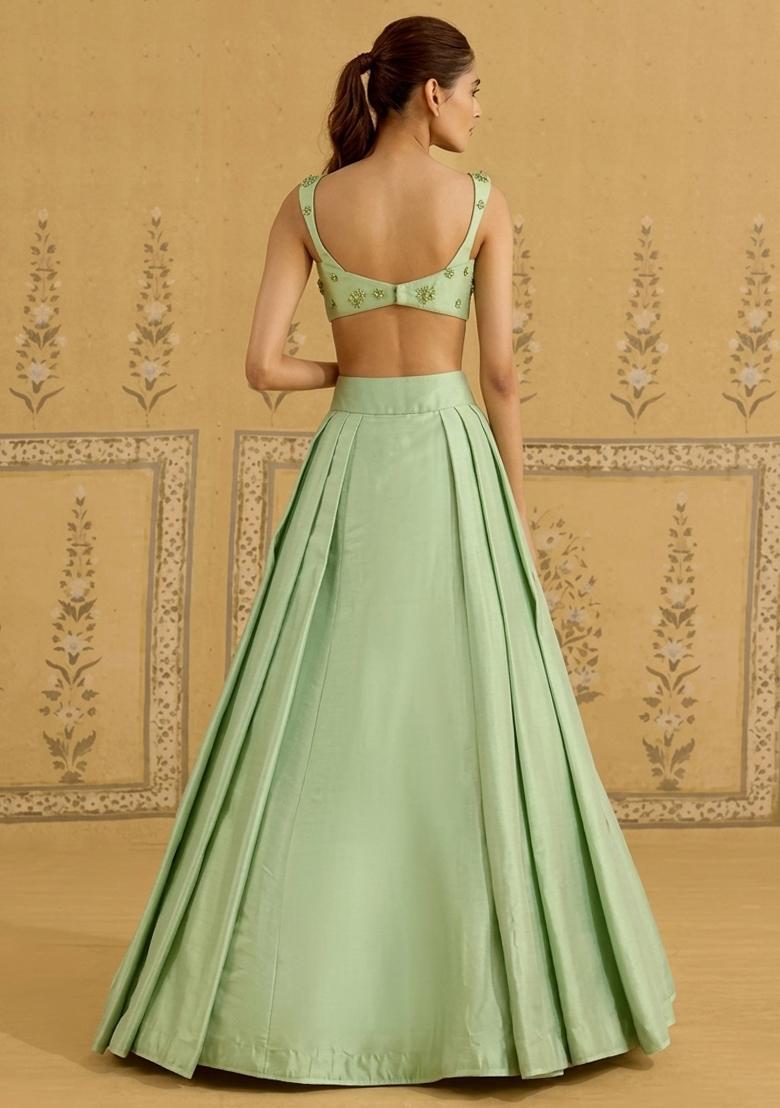 Sage Green Silk Blend Handwork Lehenga Set - Indya