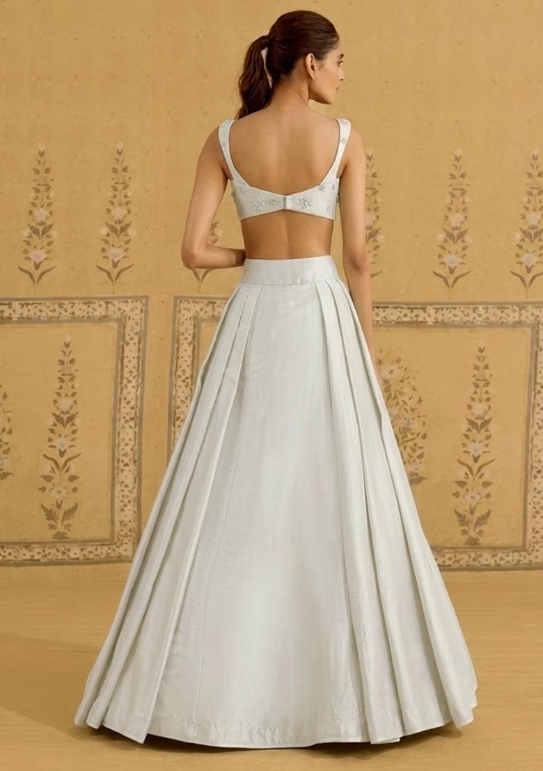 Ivory Silk Blend Handwork Lehenga Set - Indya