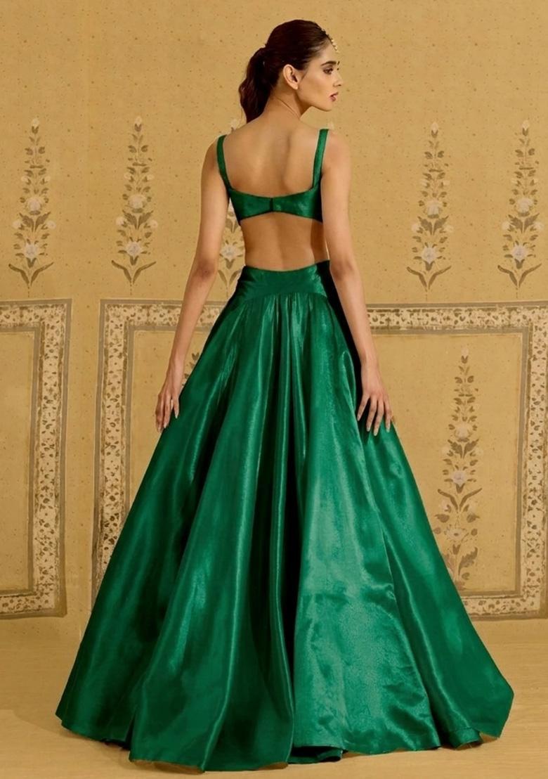 Green Satin Handwork Lehenga Set - Indya