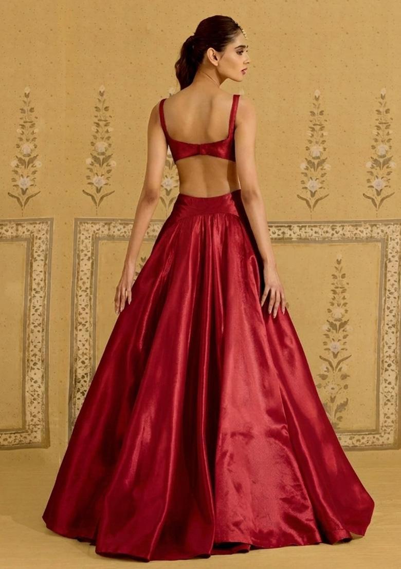 Red Satin Handwork Lehenga Set - Indya