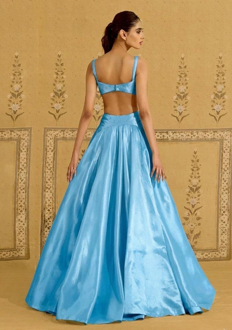 Sky Blue Satin Handwork Lehenga Set - Indya