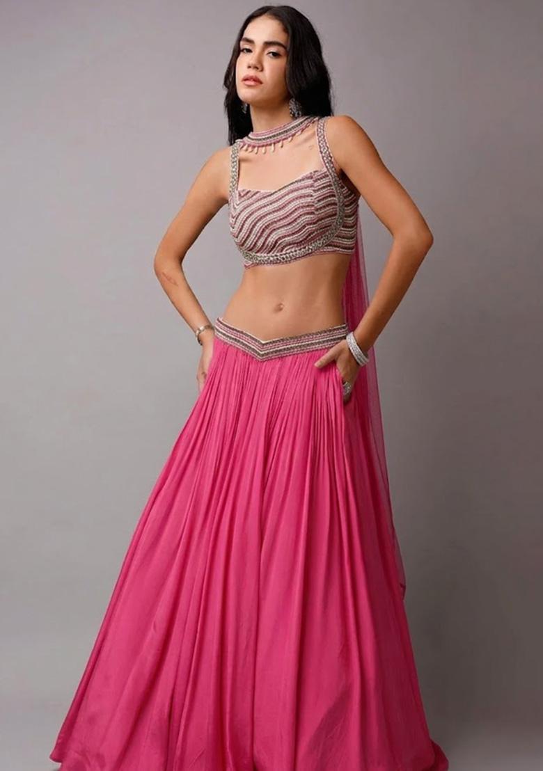 Rani Pink Crepe Handwork Lehenga Set - Indya