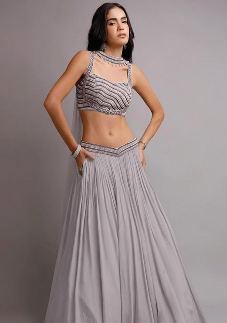 Grey Crepe Handwork Lehenga Set - Indya