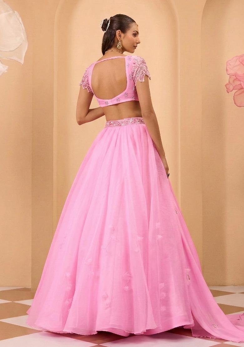 Pink Organza Handwork Lehenga Set - Indya