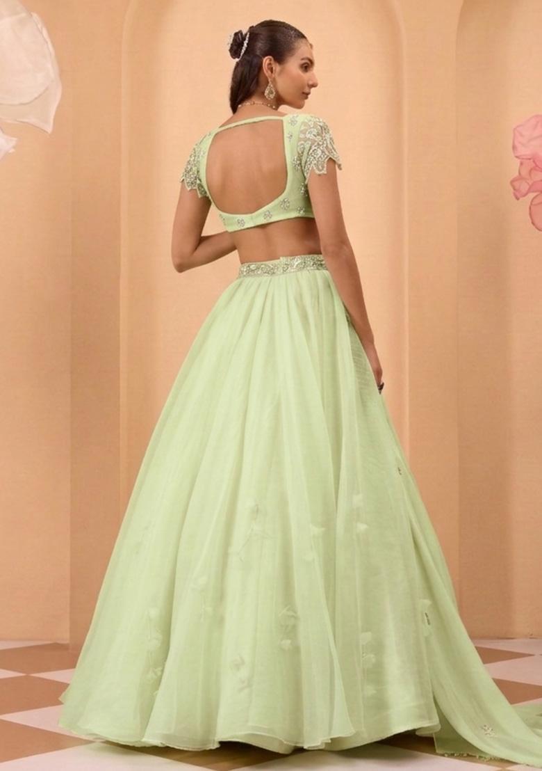 Mint Green Organza Handwork Lehenga Set - Indya