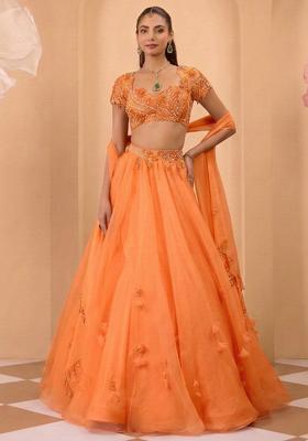 Orange Organza Handwork Lehenga Set