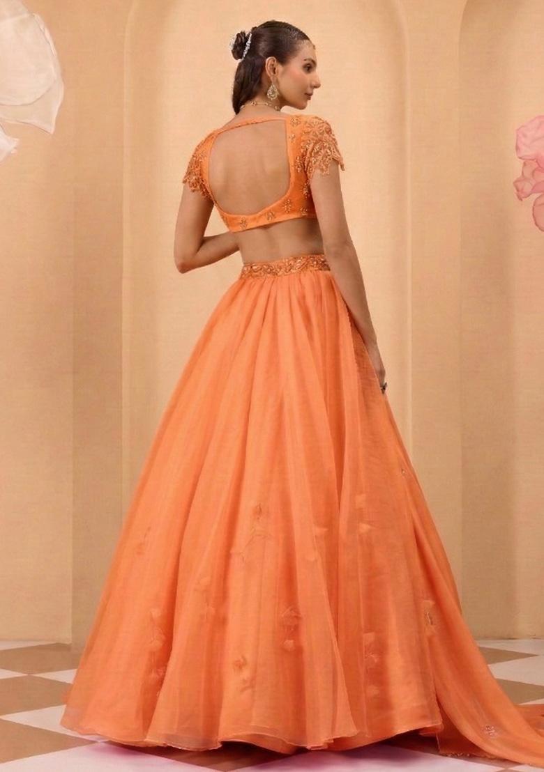 Orange Organza Handwork Lehenga Set - Indya