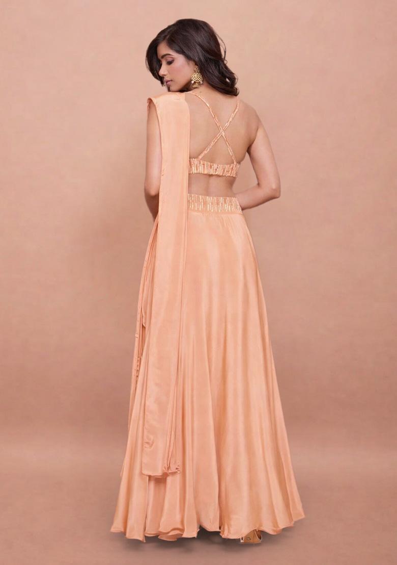 Peach Satin Handwork Lehenga Set - Indya