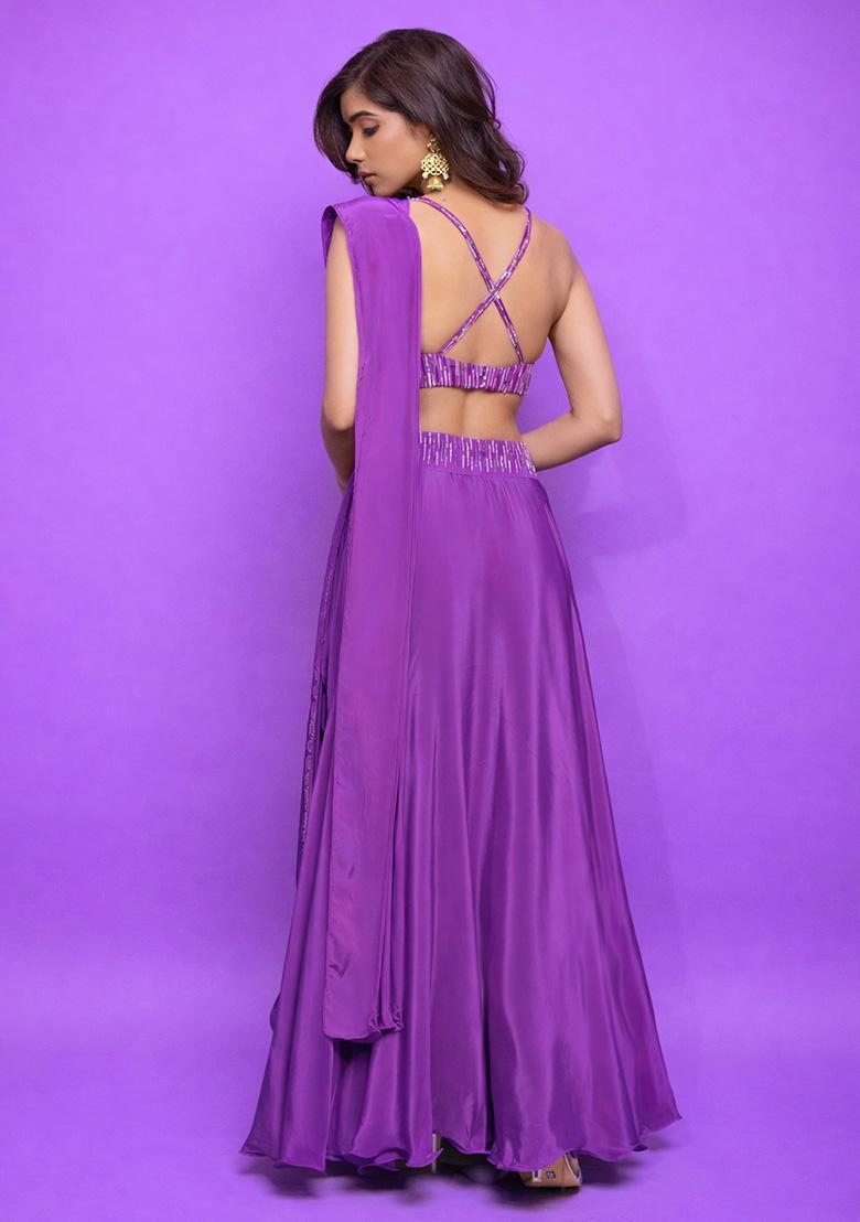 Purple Satin Handwork Lehenga Set - Indya