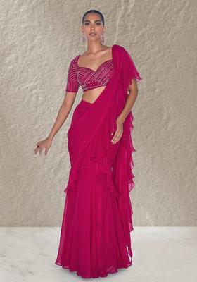 Rani Pink Organza Handwork Pre Draped Saree Set