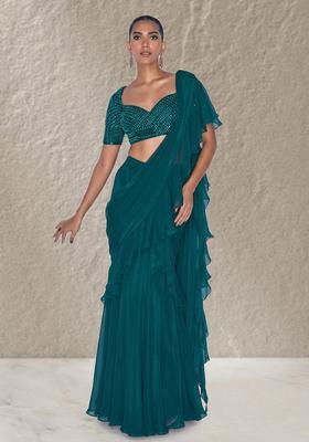 Emerald&nbsp;Green Organza Handwork Pre Draped Saree Set
