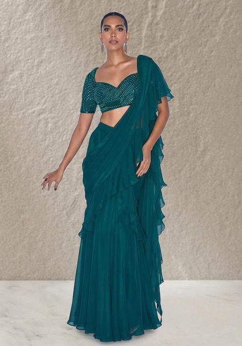 Emerald&nbsp;Green Organza Handwork Pre Draped Saree Set
