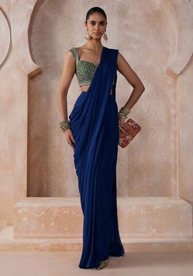 Deep Blue Chiffon Handwork Pre Draped Saree Set
