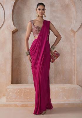 Rani Pink Chiffon Handwork Pre Draped Saree Set