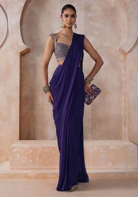 Navy Blue Chiffon Handwork Pre Draped Saree Set