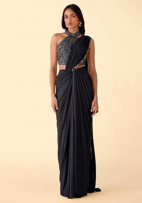 Black Crepe Handwork Pre Draped Saree Set
