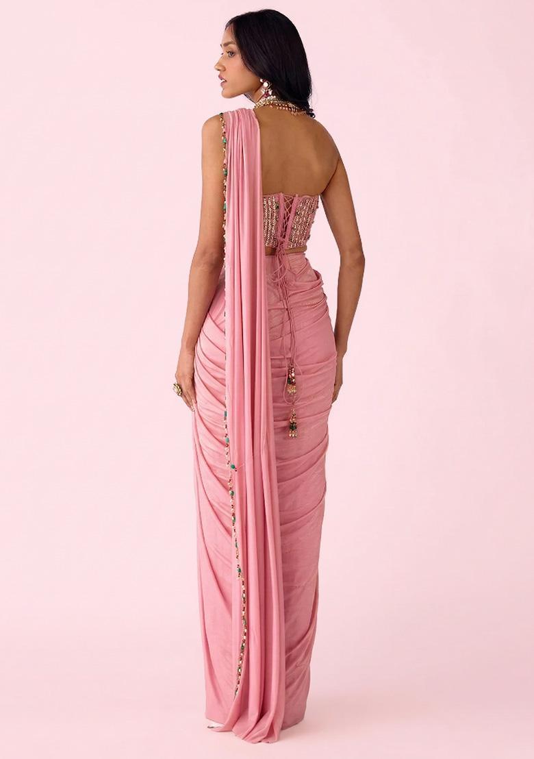 Pink Crepe Handwork Pre Draped Saree Set - Indya