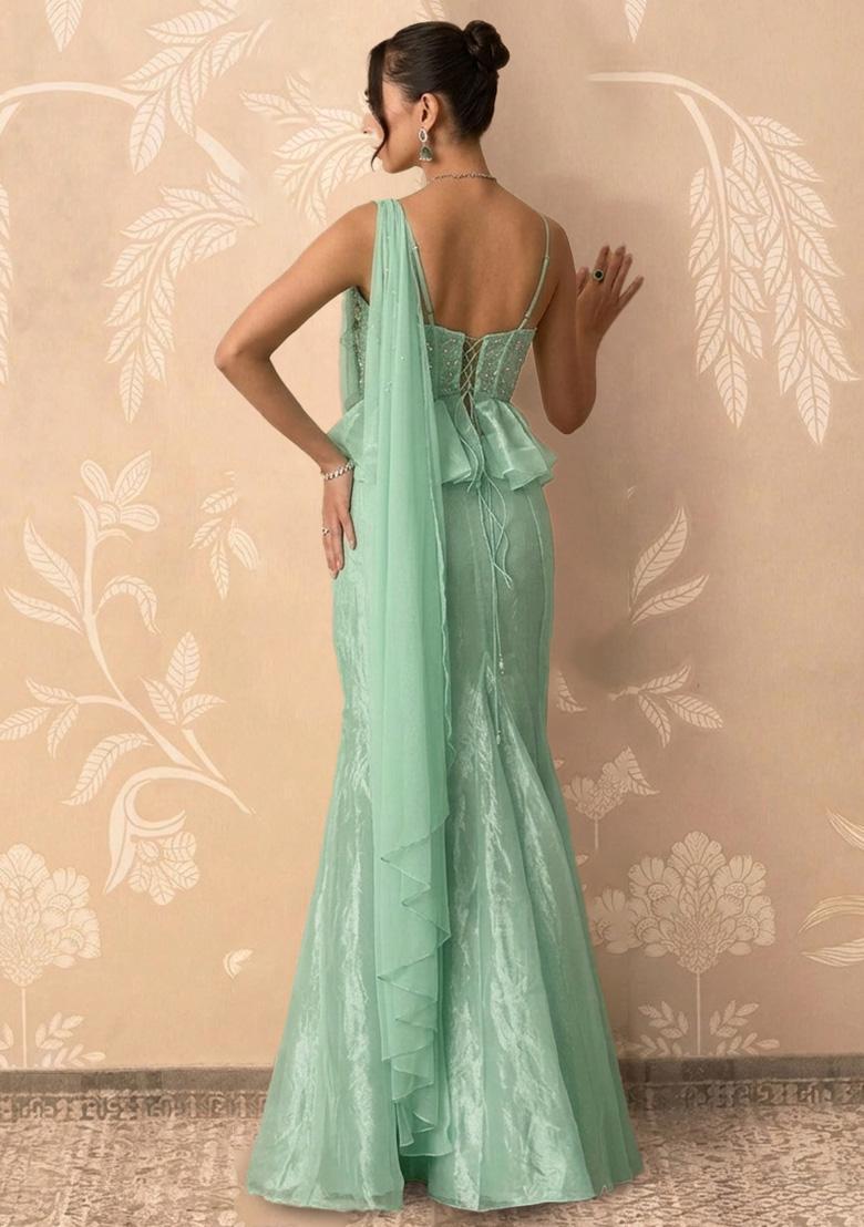 Mint Green Organza Handwork Pre Draped Saree Set - Indya