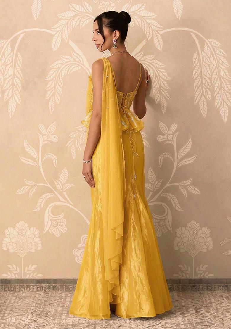 Yellow Organza Handwork Pre Draped Saree Set - Indya