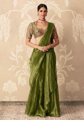 Olive Green Organza Handwork Pre Draped Saree Set