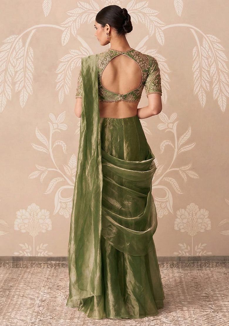 Olive Green Organza Handwork Pre Draped Saree Set - Indya