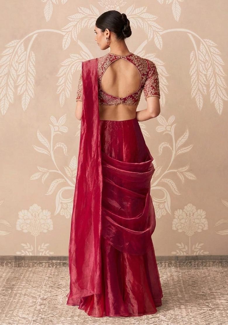 Wine Red Organza Handwork Pre Draped Saree Set - Indya