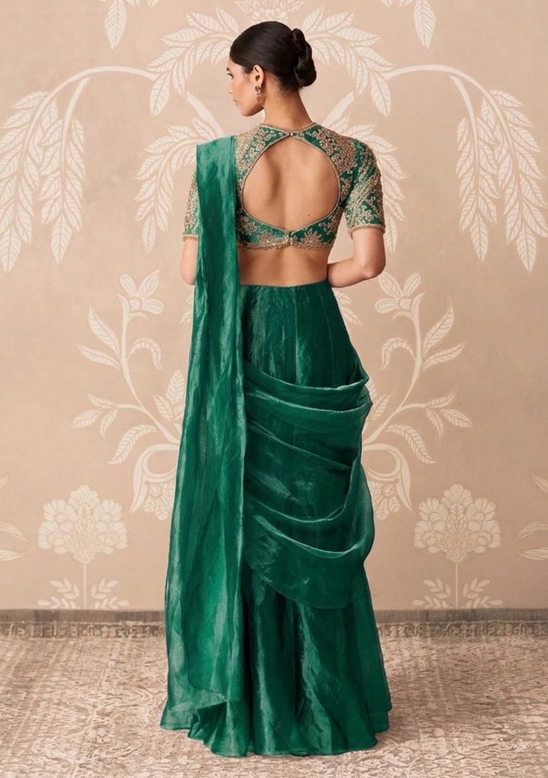 Teal Green Organza Handwork Pre Draped Saree Set - Indya