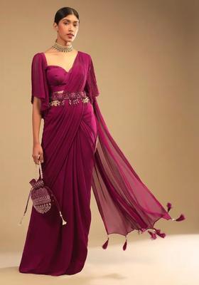 Hot Pink Georgette Handwork Pre Draped Saree Set