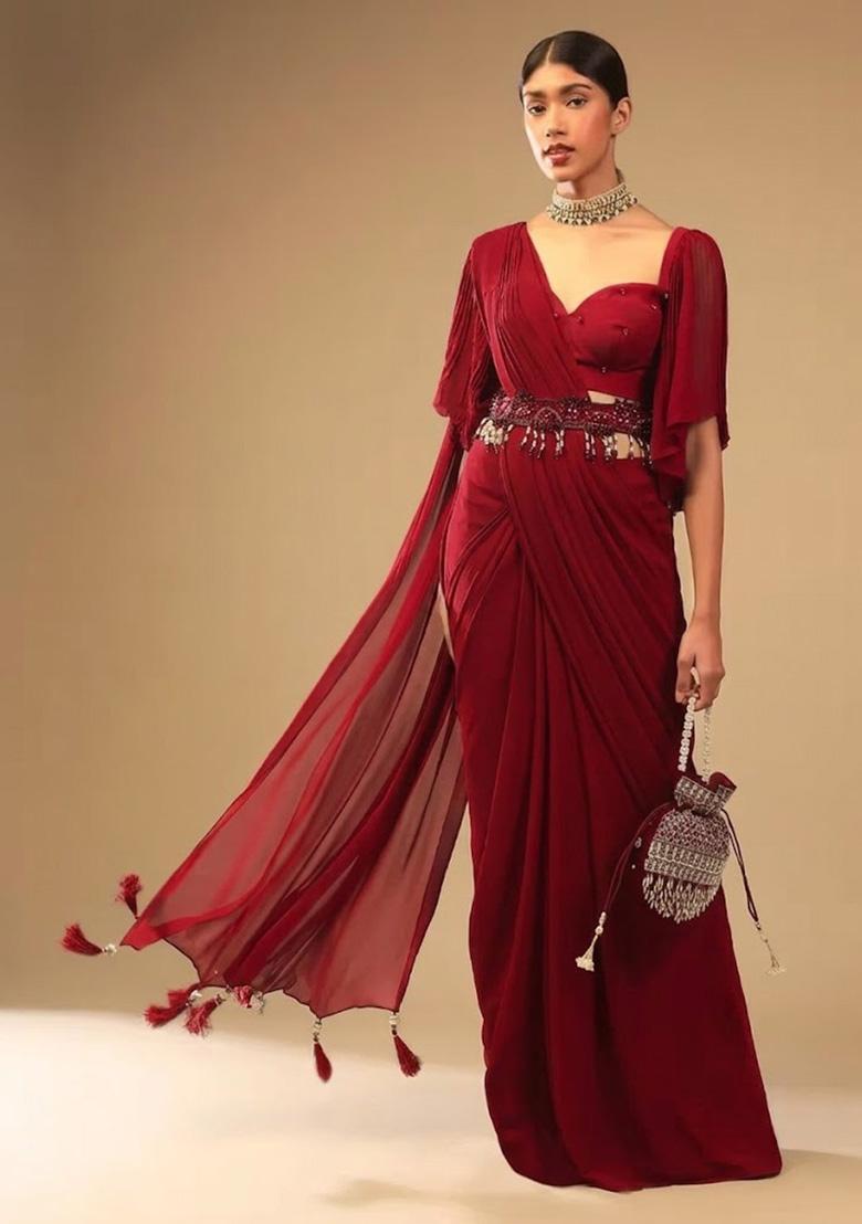 Red Georgette Handwork Pre Draped Saree Set - Indya