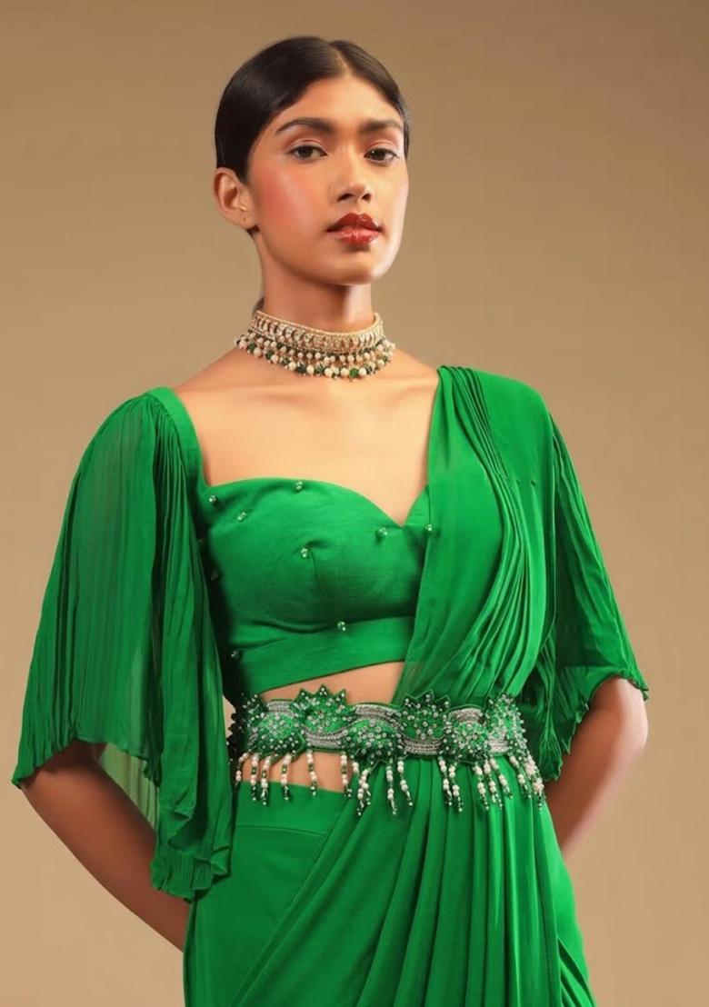 Green Georgette Handwork Pre Draped Saree Set - Indya
