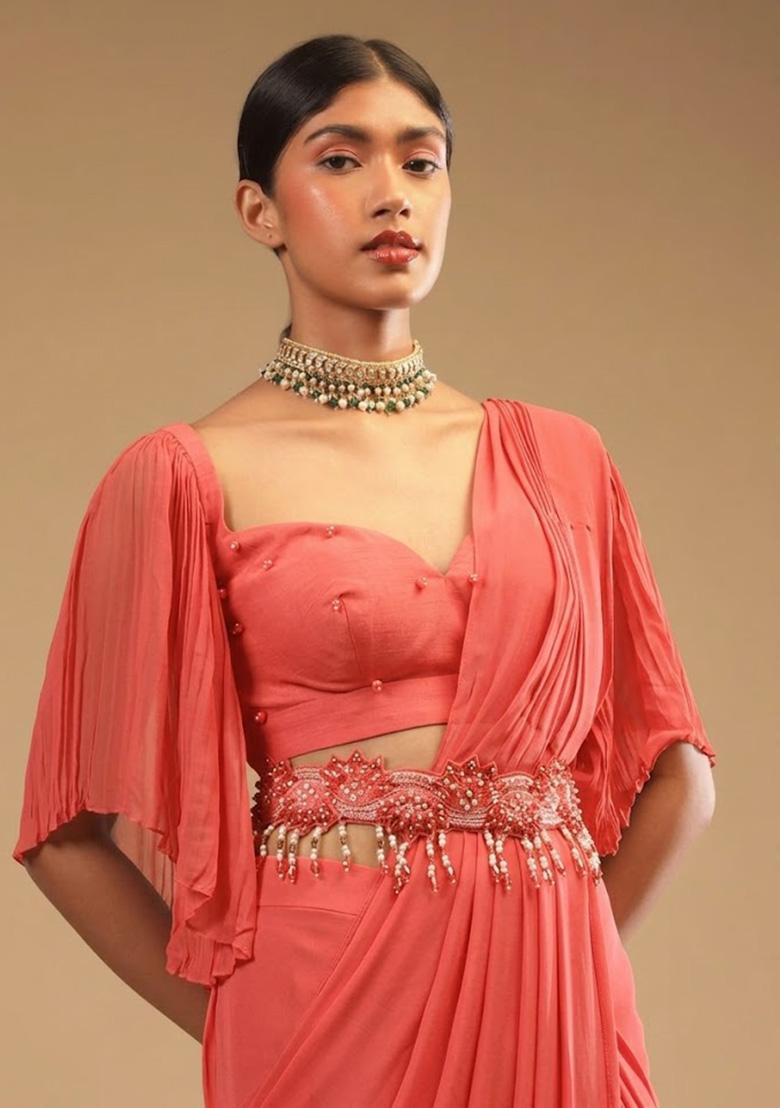 Peach Georgette Handwork Pre Draped Saree Set - Indya