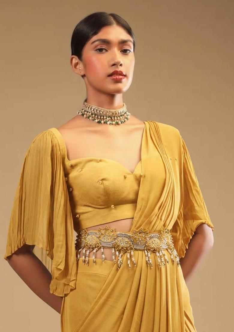 Yellow Georgette Handwork Pre Draped Saree Set - Indya