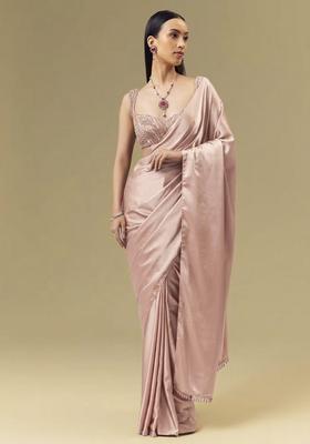 Soft Pink Satin Handwork Pre Draped Saree Set