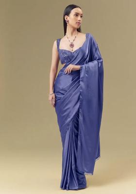Navy Blue Satin Handwork Pre Draped Saree Set
