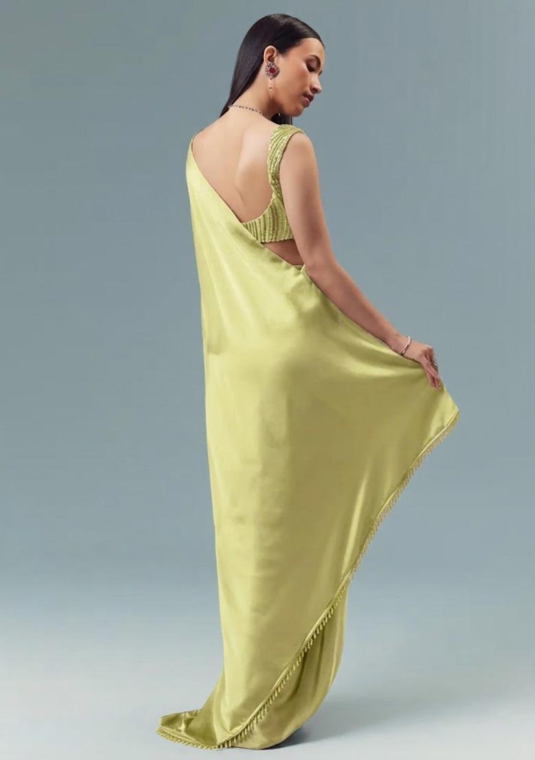Light Green Satin Handwork Pre Draped Saree Set - Indya