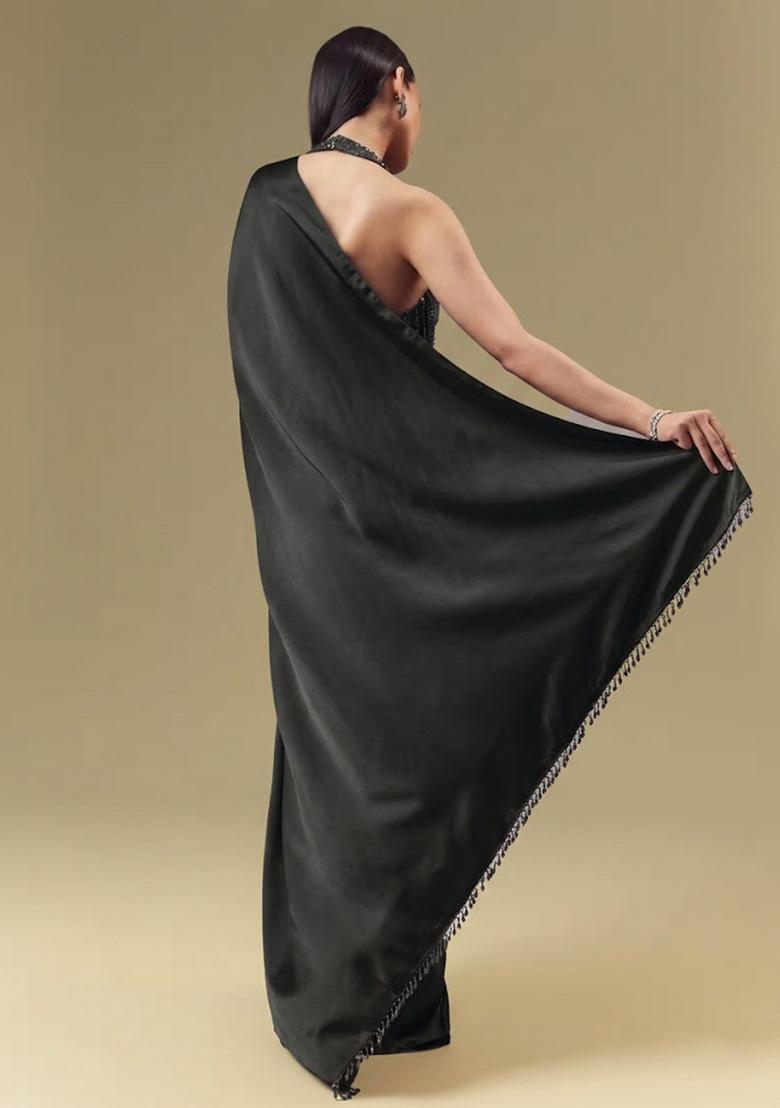 Black Satin Handwork Pre Draped Saree Set - Indya