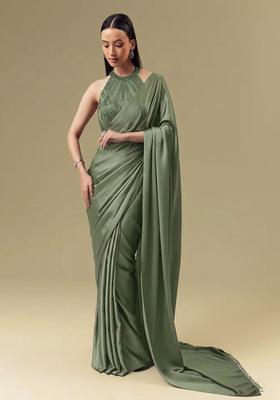 Sage Green Satin Handwork Pre Draped Saree Set