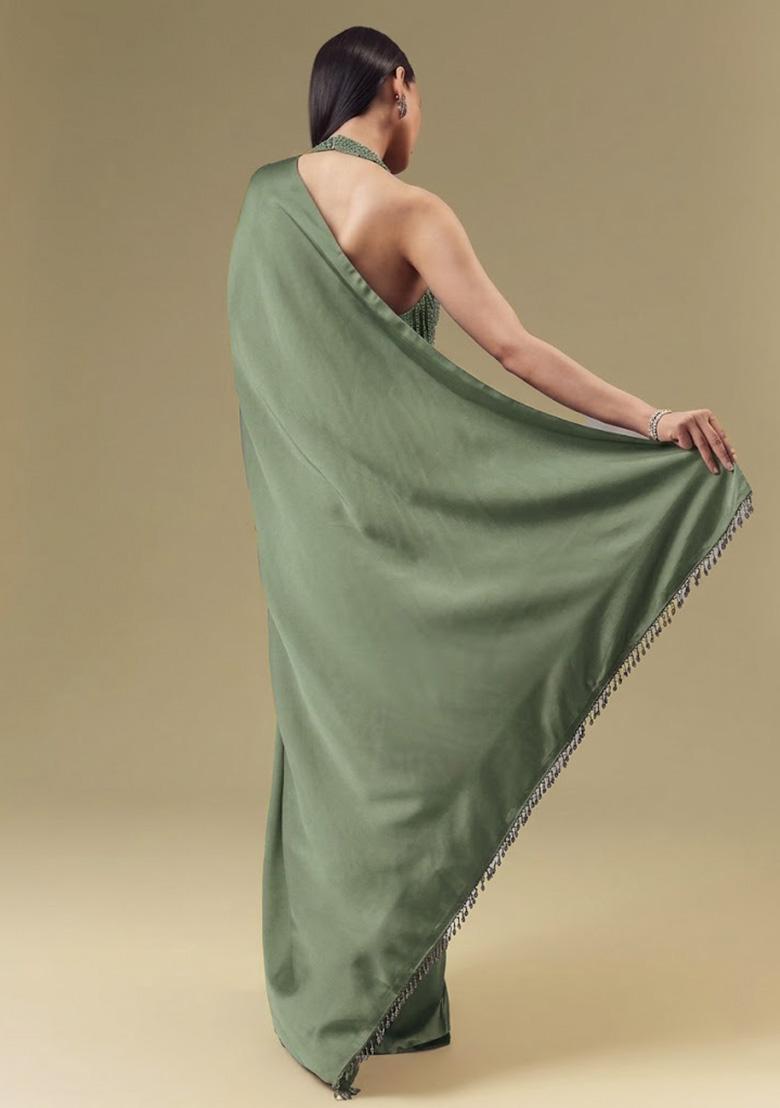 Sage Green Satin Handwork Pre Draped Saree Set - Indya