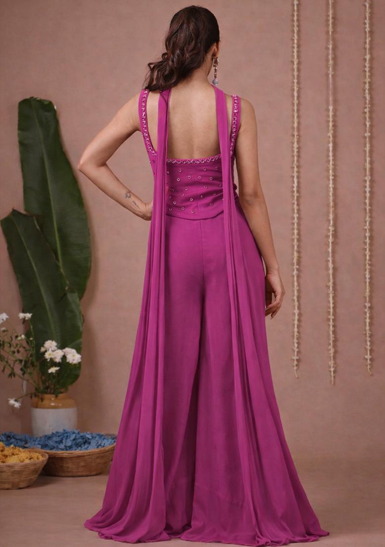 Fuchsia Pink Handwork Goergette Fusion Set - Indya