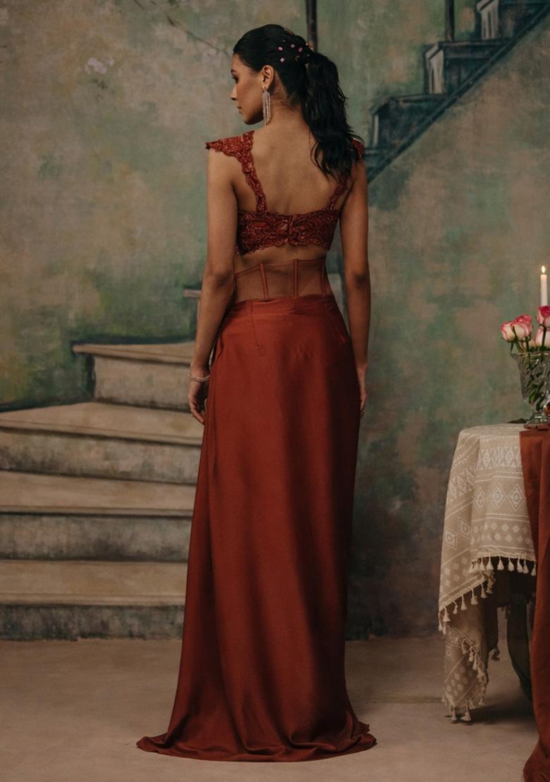 Rust Handwork Satin Fusion Set - Indya