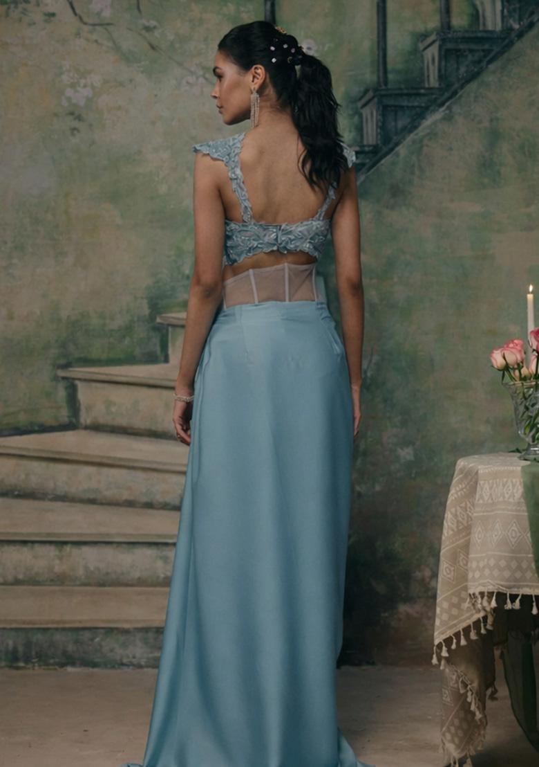 Powder Blue Handwork Satin Fusion Set - Indya
