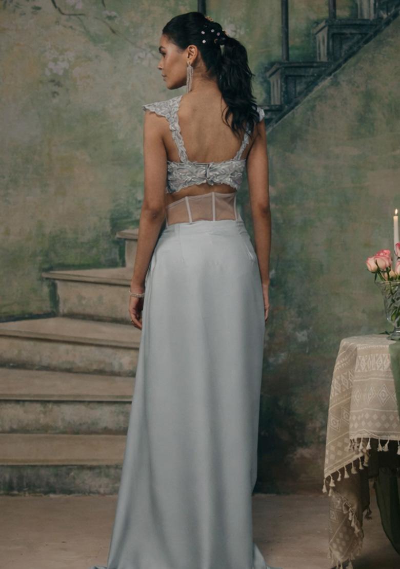 Ice Blue Handwork Satin Fusion Set - Indya