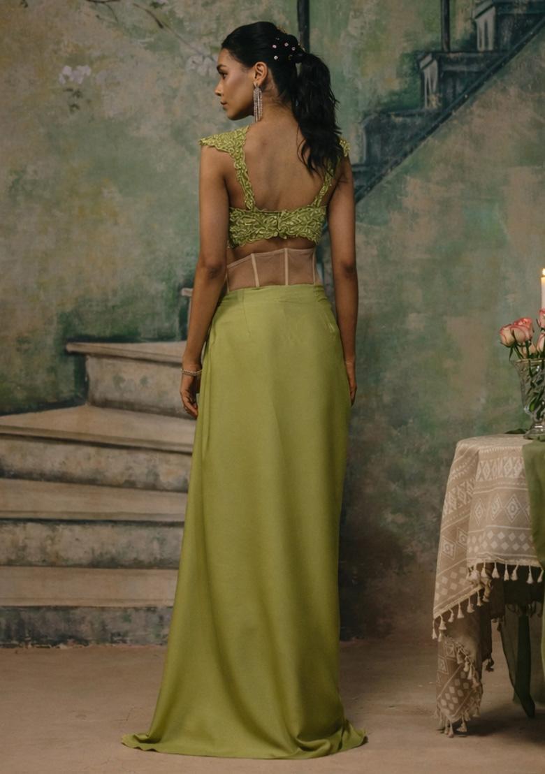 Olive Green Handwork Satin Fusion Set - Indya