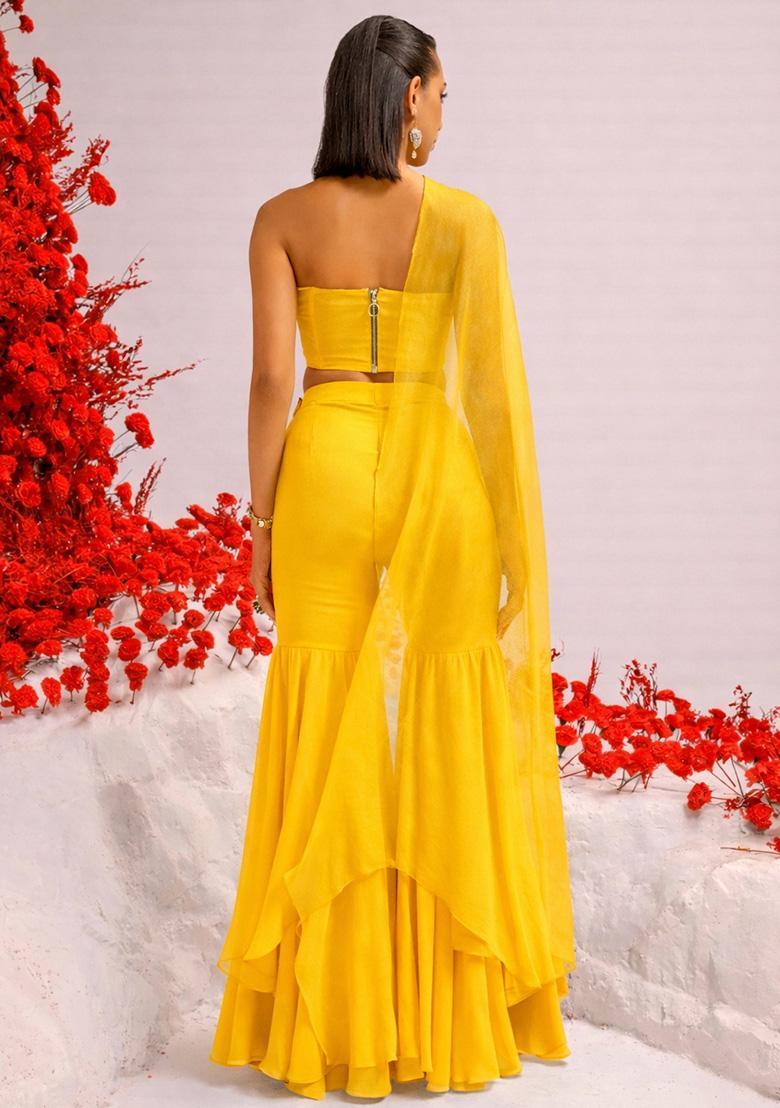 Yellow Handwork Goergette Fusion Set - Indya