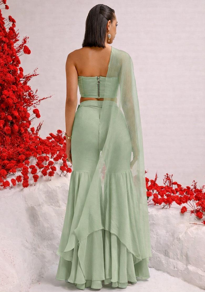 Sage Green Handwork Goergette Fusion Set - Indya
