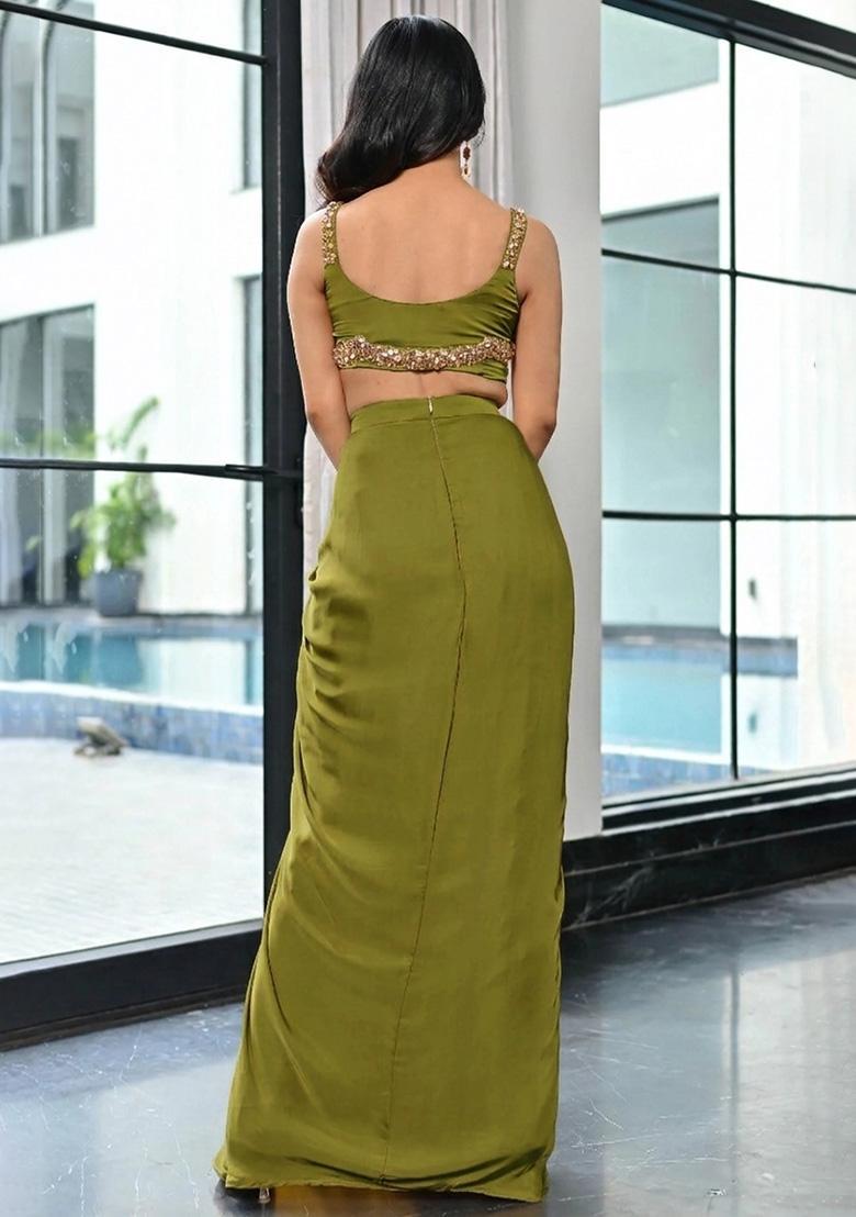 Olive Green Handwork Satin Fusion Set - Indya